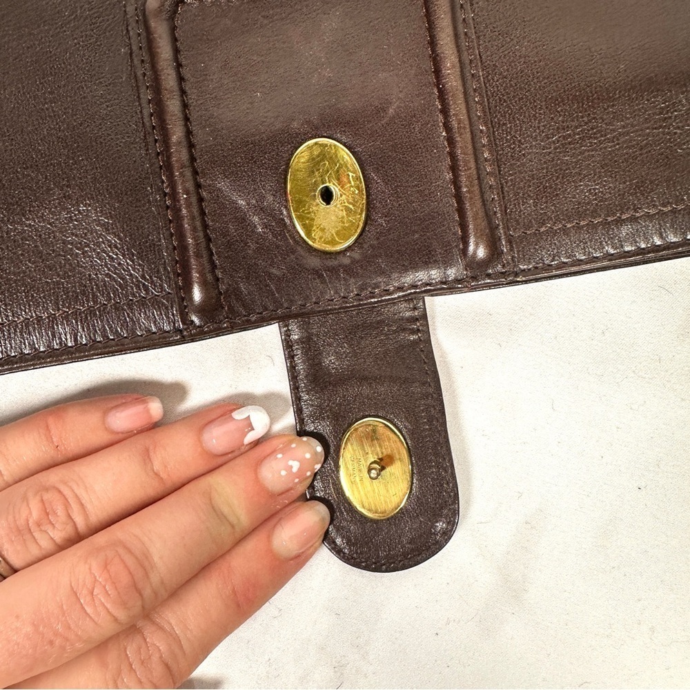 Vintage German Leather Clutch Brown Double-G Corner Hardware 80s Minimalist - Picture 9 of 12